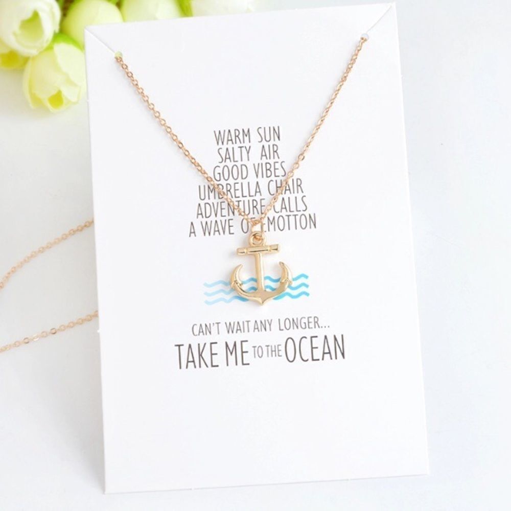 Gold Tone Anchor Take Me to the Ocean Necklace Card NWT